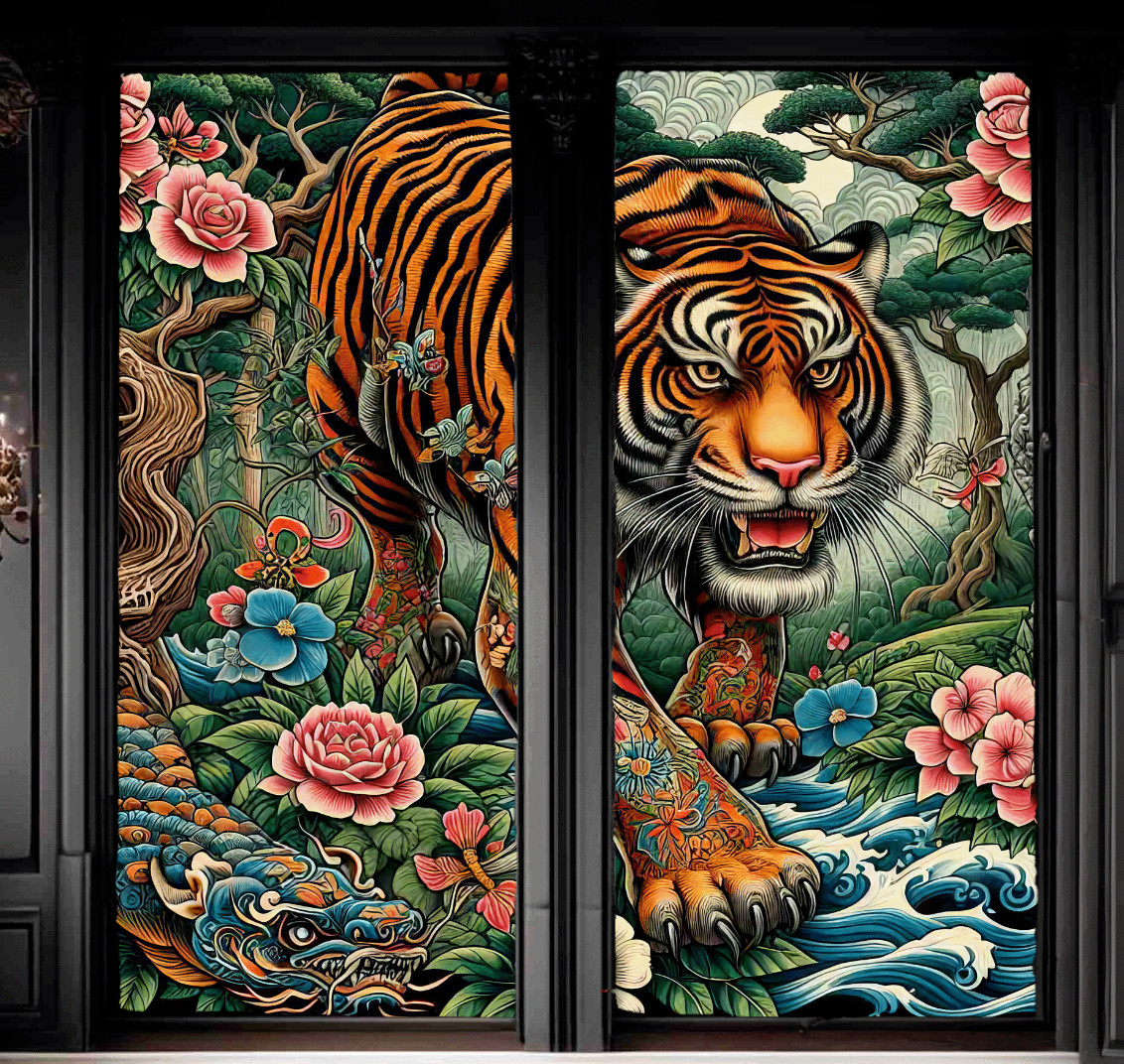 Tiger Tattoo Blackout Curtains Set Drapes Shades Black Out 2 Panels Lodge Floral