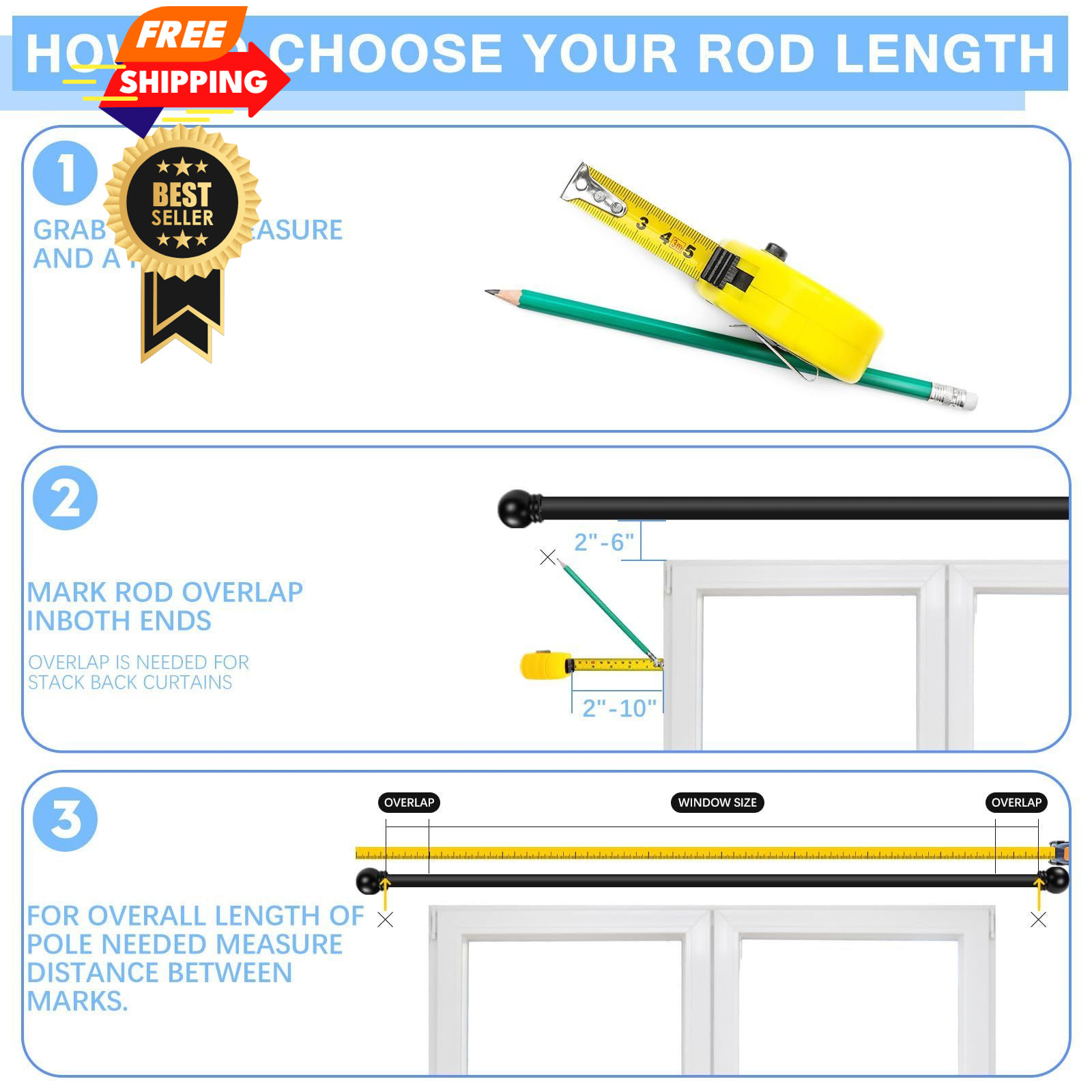 AMZSEVEN Curtain Rods for Windows 16 to 48 48″ – 1» rod – 1 Pack, Black