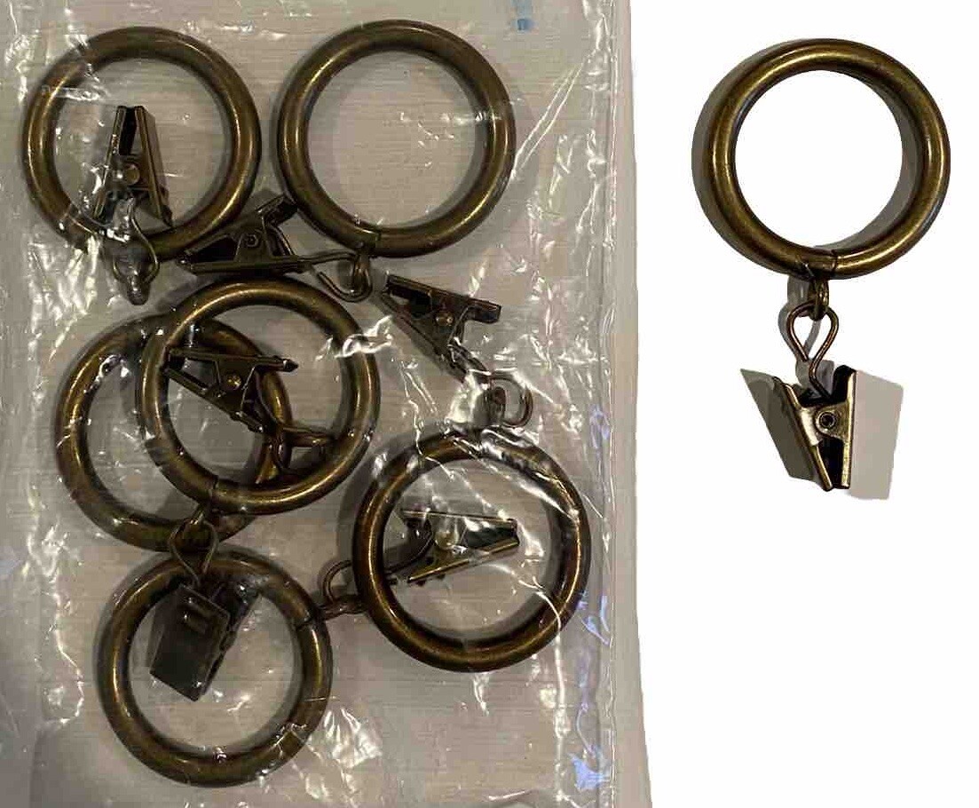 7 Tarnished Brass Metal Clip Curtain Drapery Rings for 1-3/16 inch rod or under