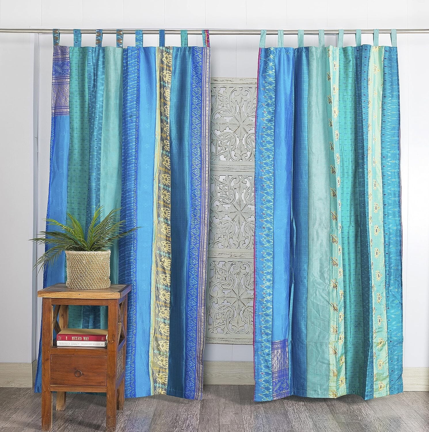 1Pc Indian Sari Patchwork Curtain Drape Window Decor Turquoise Silk Sari Curtain