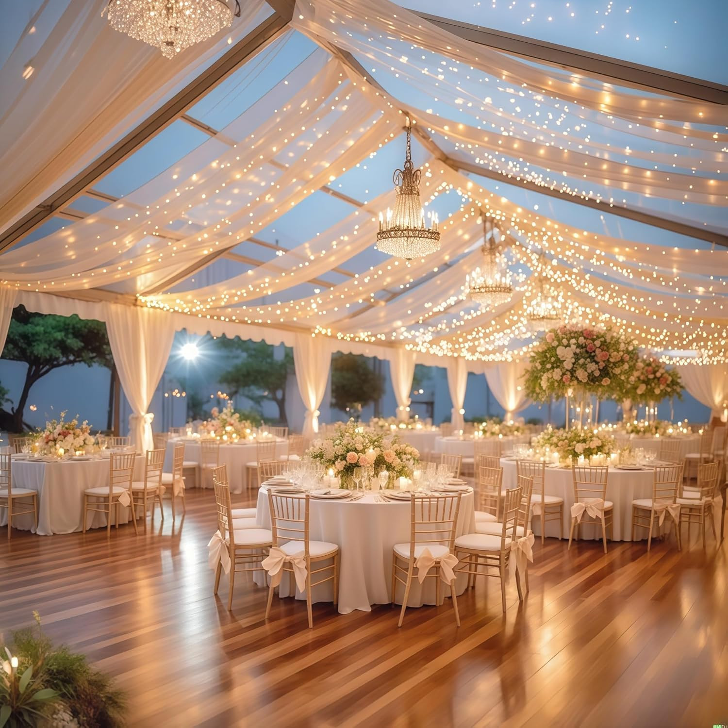 10Ft Champagne Ceiling Drapes w Lights – 6 Panels for Wedding Arch Curtains