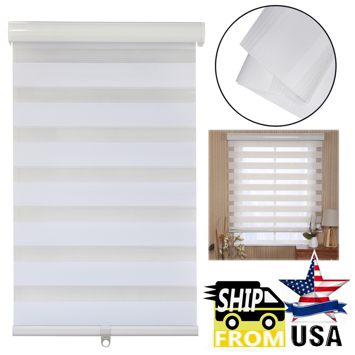 Zebra Roller Blinds [(W)44″ x (H)72″] White, Cordless, Dual Layer Shades, Sheer