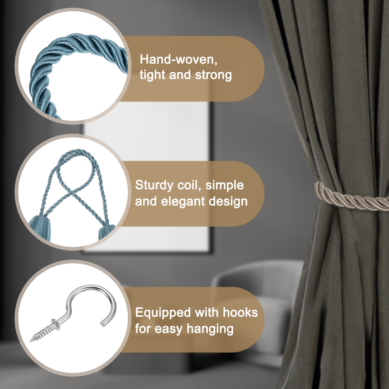 4Pcs Curtain Tiebacks 75cm/29.5″ Braided Drapery Holdback with Hook Gray Blue