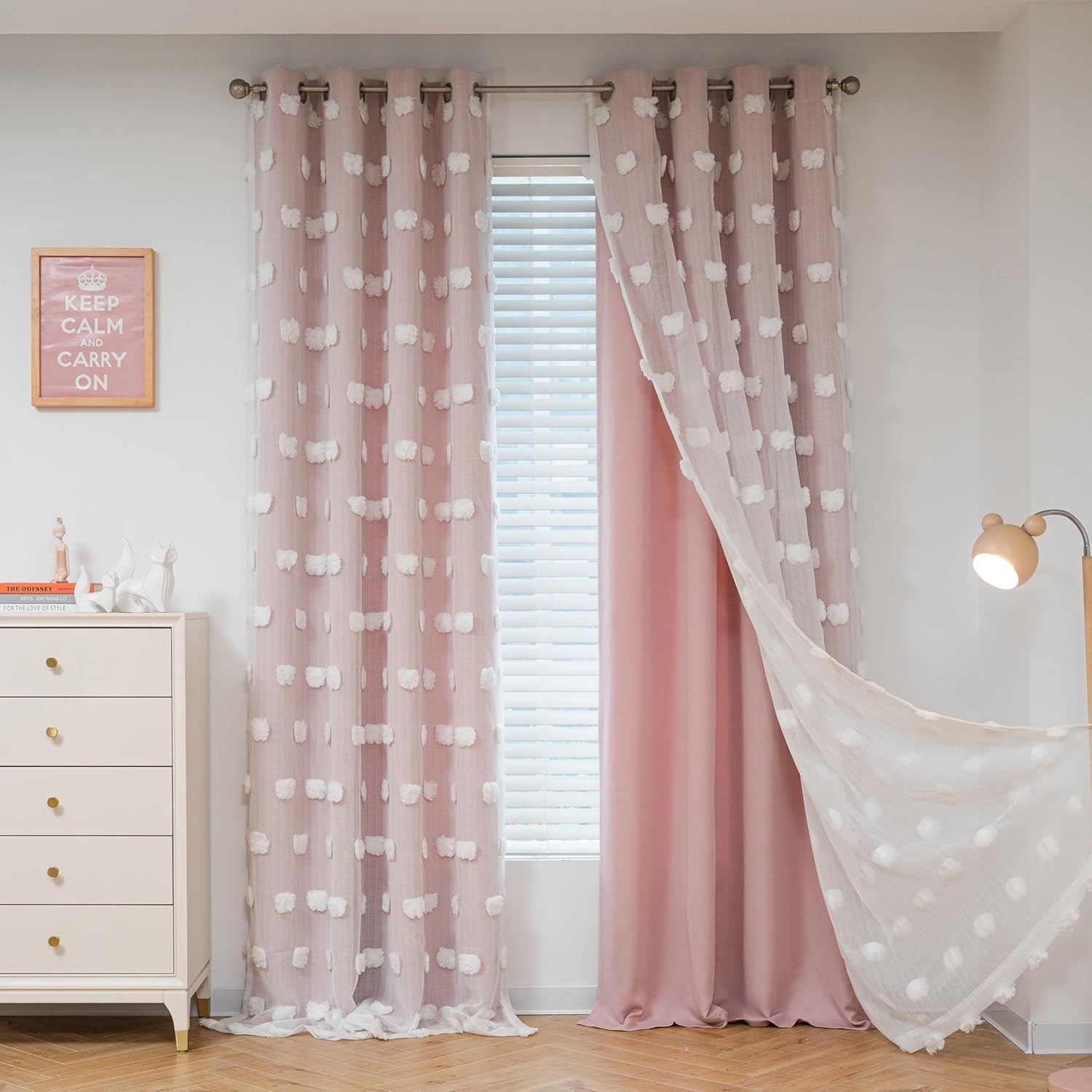 Cortinas Rosas Niñas 84» Blackout Doble Capa Pom Pom 2 Paneles