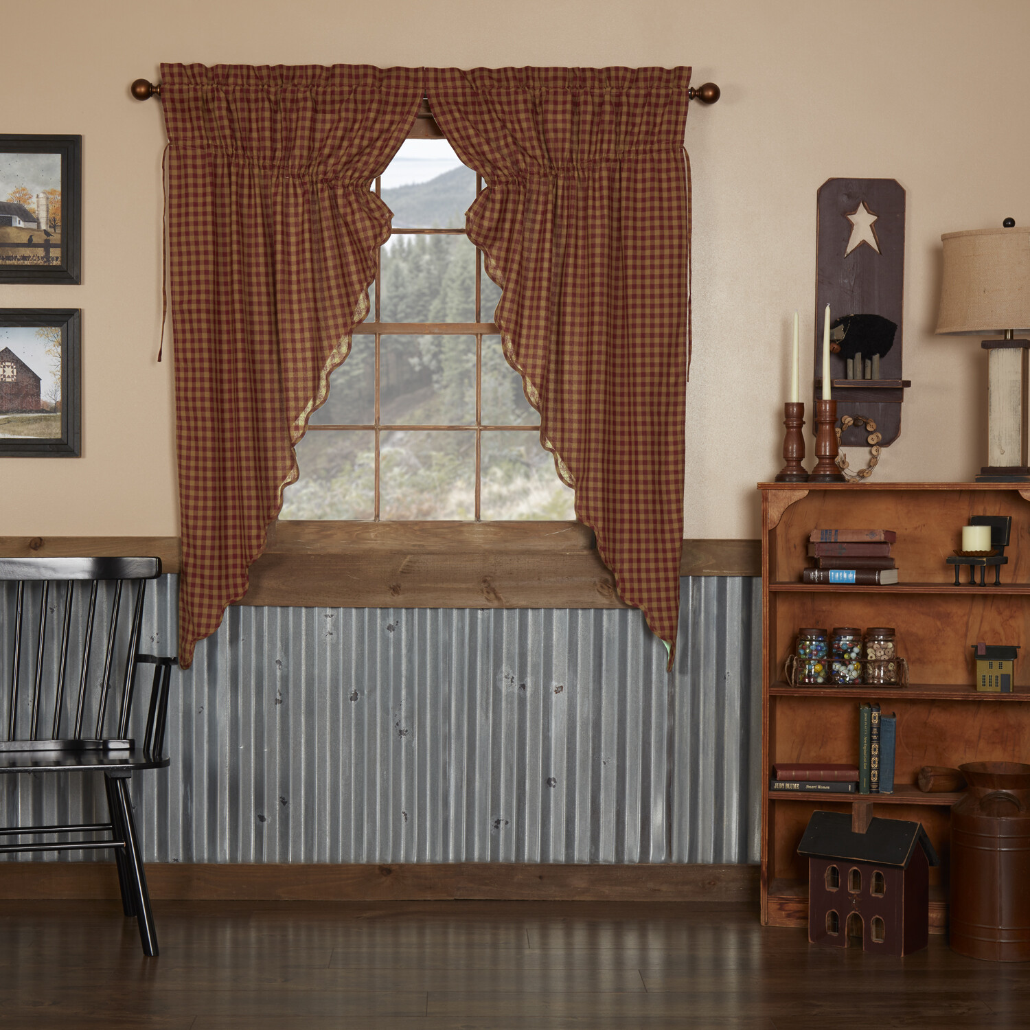 Burgundy Check Scalloped Prairie Short Panel Burgundy Khaki Country Curtains