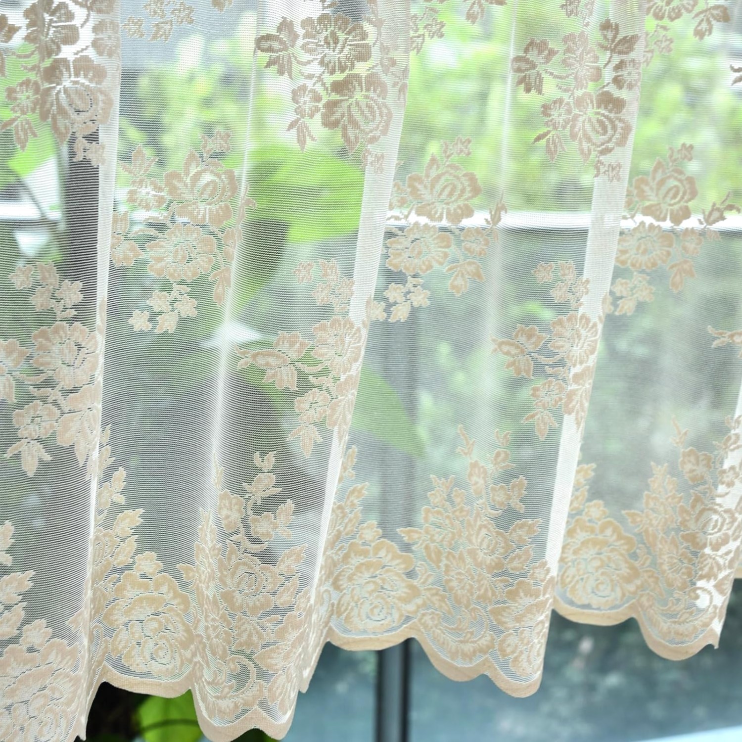 Machine Washable Beige Floral Sheer Valance Curtain – 1 Panel, 52″ x 18″