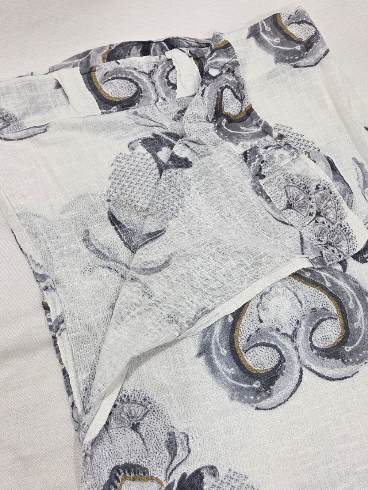 Anthropologie Botanical Curtain Panel White Blue Gray Gold Cotton Floral 84×48