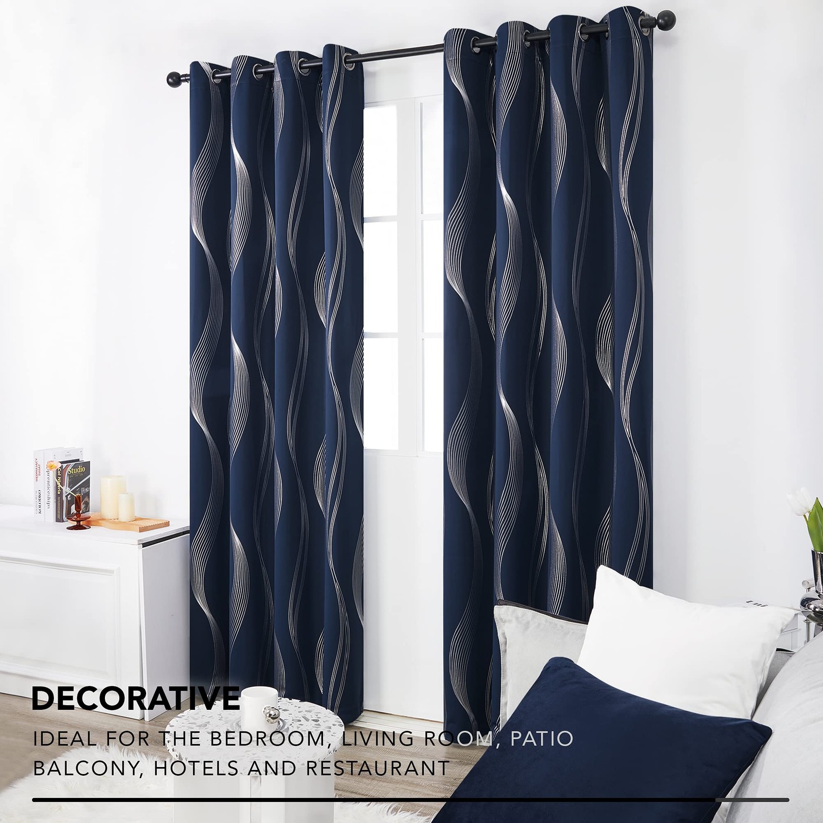 Silver Wave Print Blackout Curtains – Thermal Insulated & Noise‑Reducing Grom…