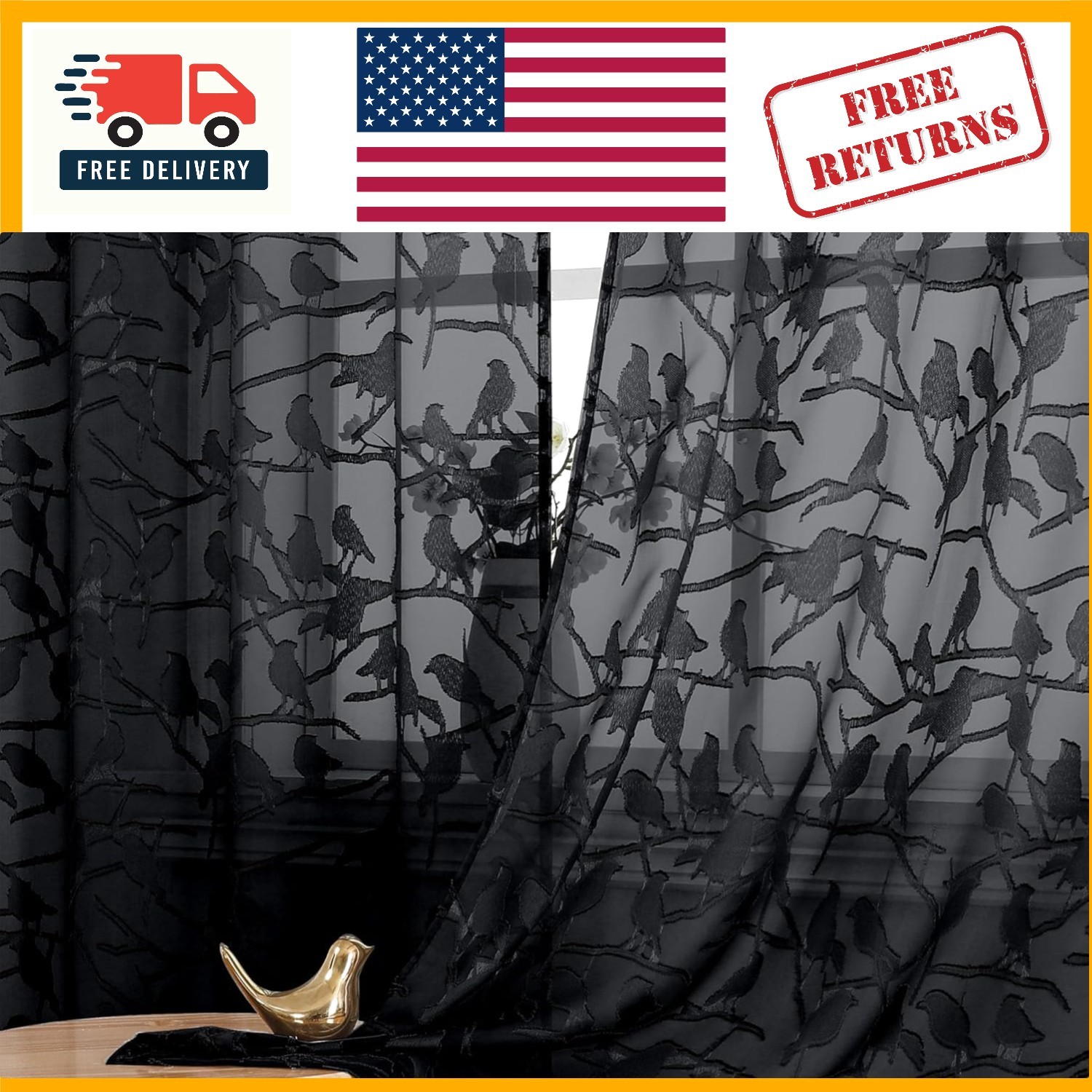 Elegant Textured Black Sheer Curtains 84″ Long, Leaf Jacquard, 2 Panels Set