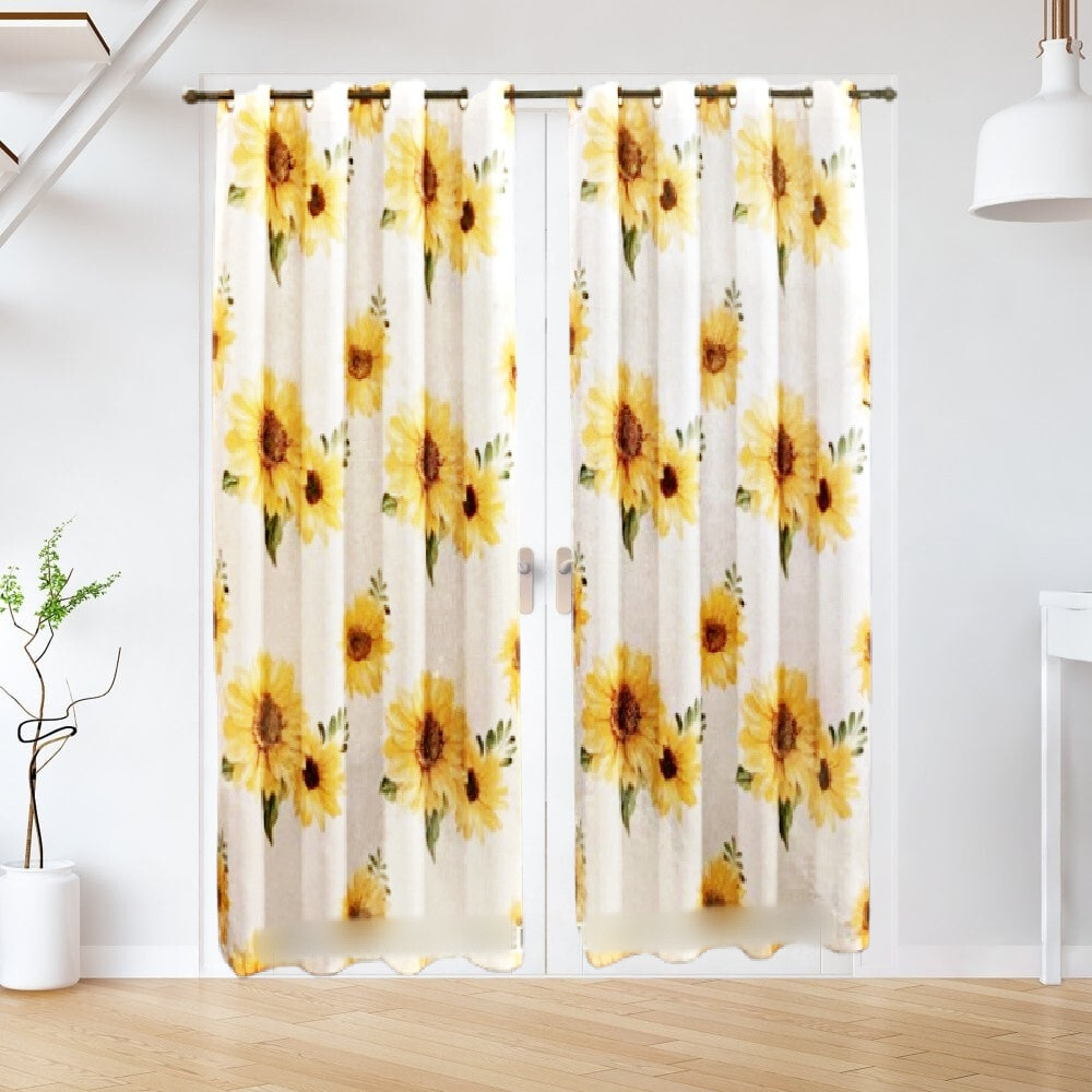 1 SET Printed Sunflower Suede Blackout Grommet Window Curtain Panel 108″W x 84″L