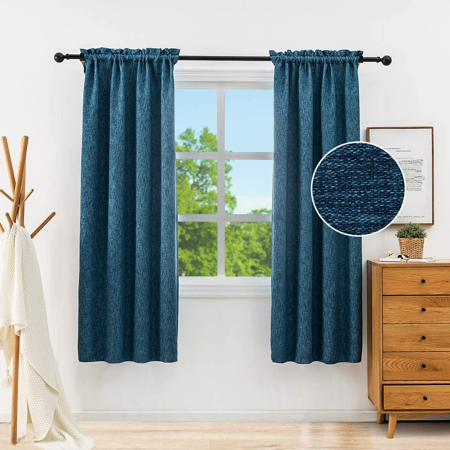 Linen Blackout Curtains 38×63 Inches Rod Pocket Room Darkening – 2 Panels NAVY