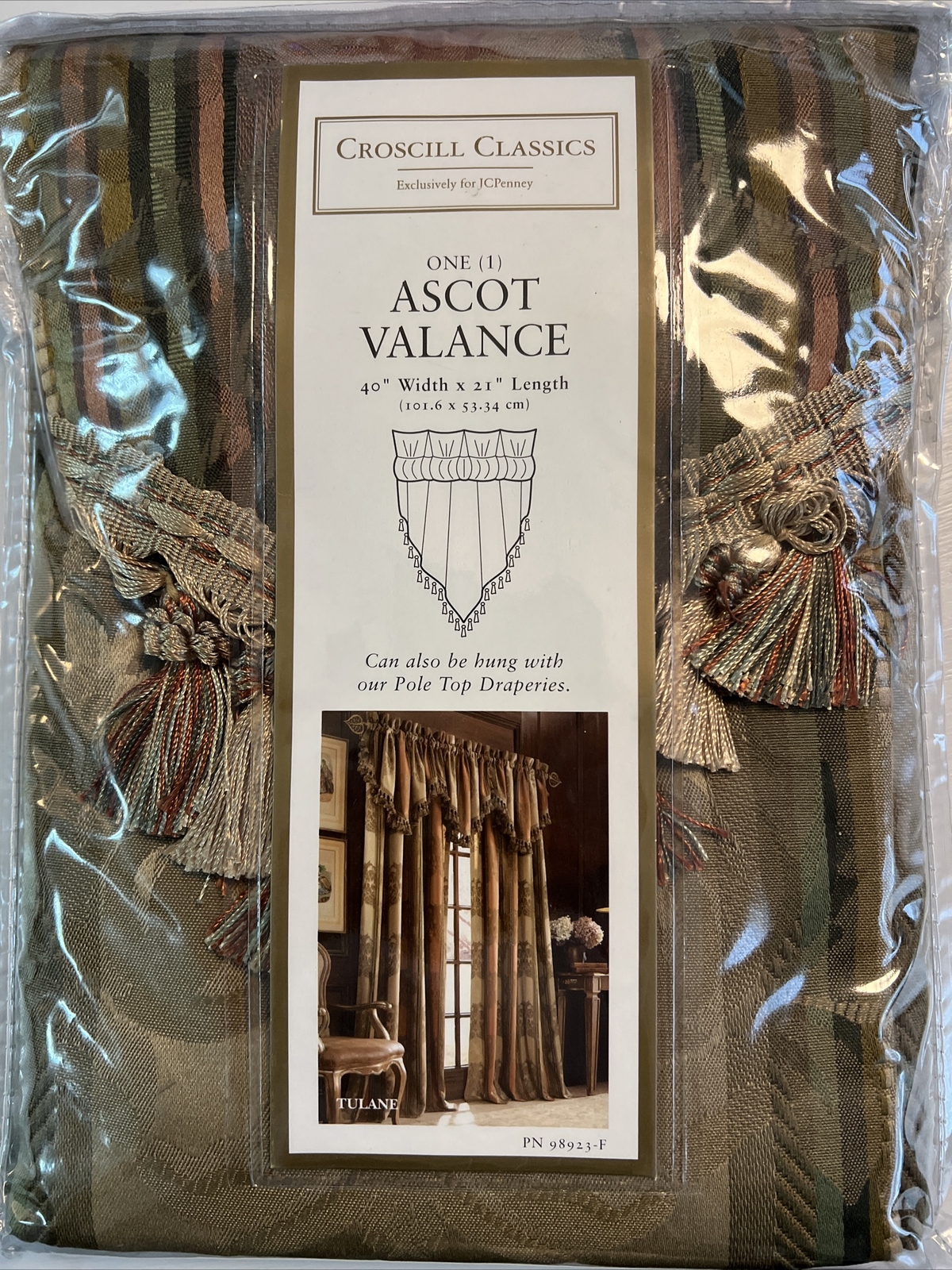 Croscill Tulane Ascot Valance Stripe Damask Valance Green Cinnamon Gold 40×21”
