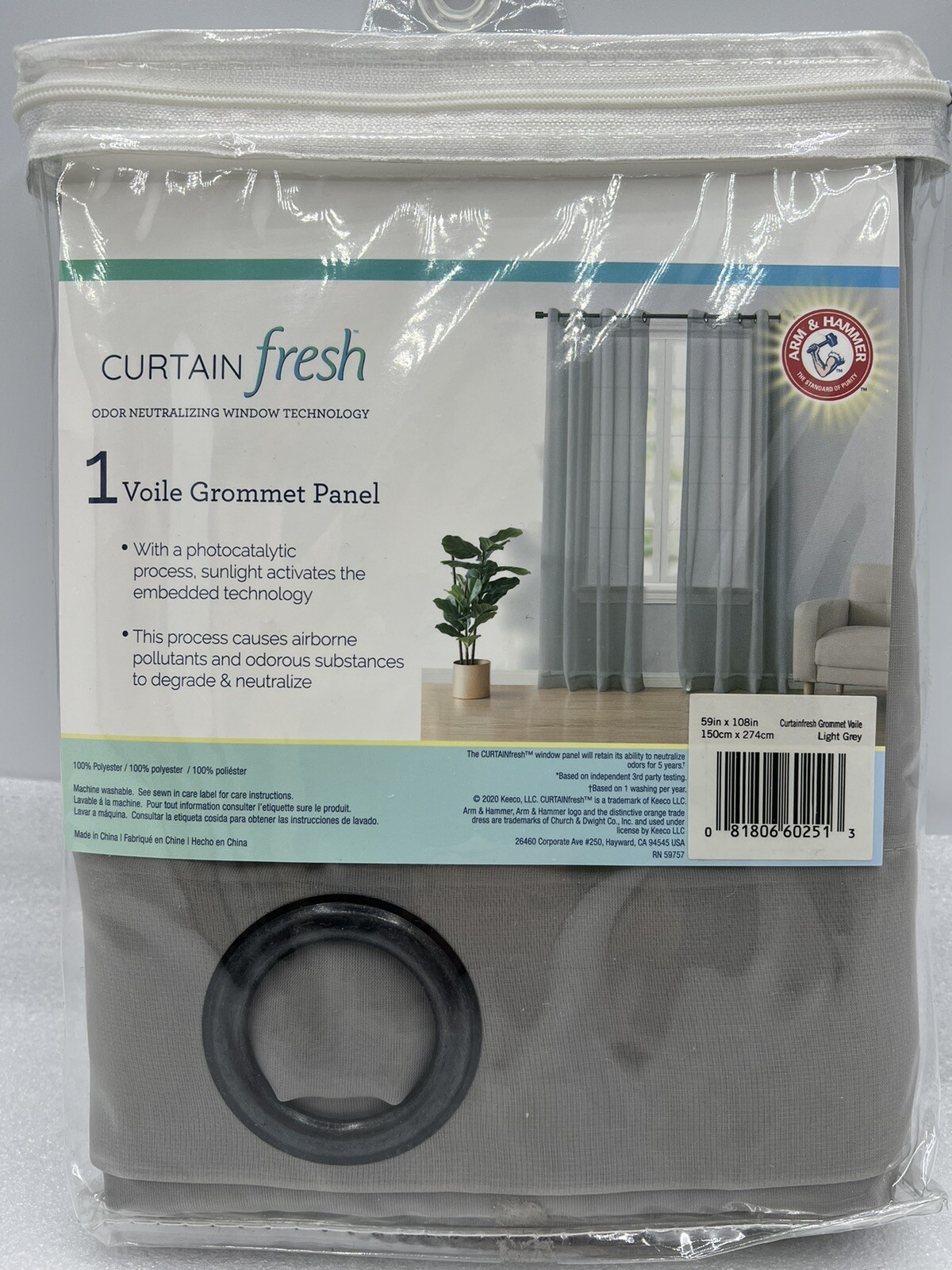 Arm & Hammer Curtain Fresh 59”x108” Sheer Grommet Viole Panel in Light Grey