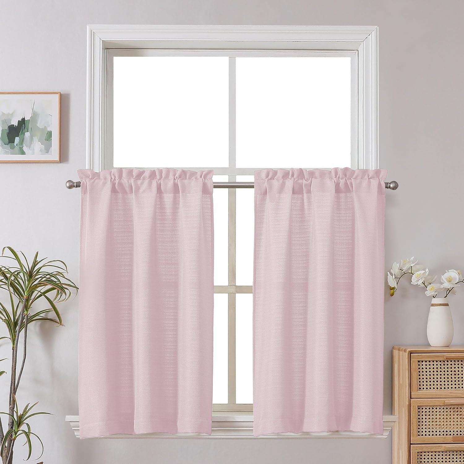 Bennet 2-Panel Blush Pink Kitchen Curtains, 36 Inch Length Tier, Faux Linen Text