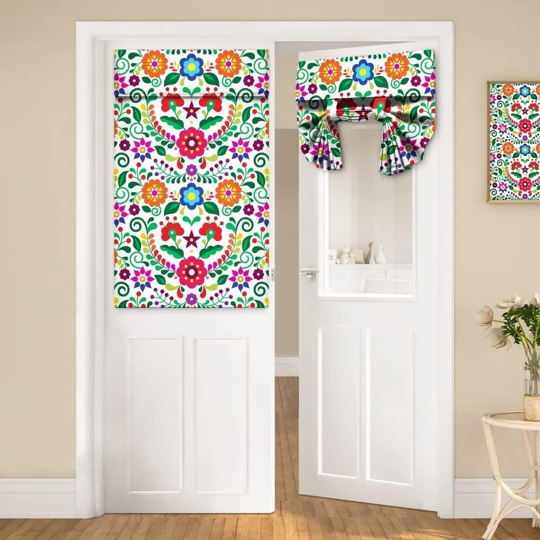 Door Curtains for Windows, Abstract Floral Boho Mexican Folk Art Flower Print.