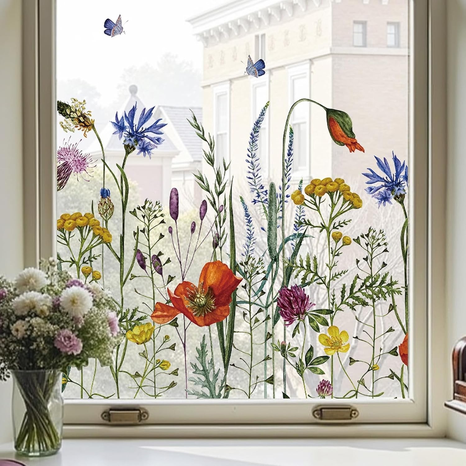 Window Privacy Film, Colorful Floral Window Stickers, Removable DIY Bouquet S…