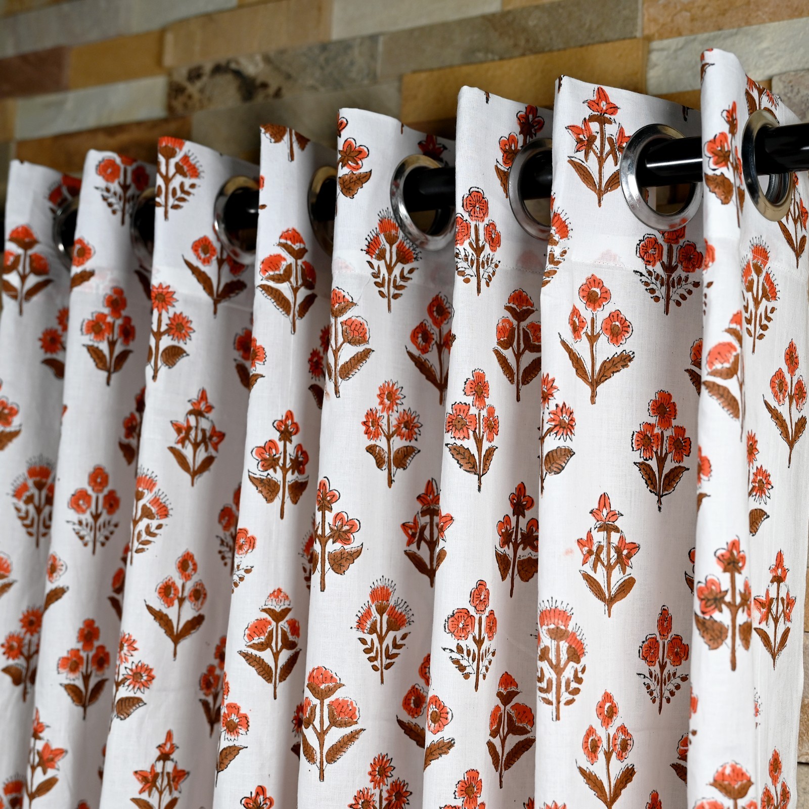 Flower block Print Curtain Panels Set of 2 Indian Cotton window Curtains