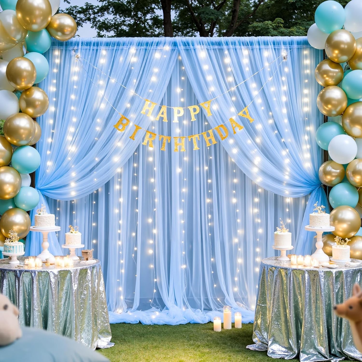 Soft Baby Blue Tulle Backdrop & LED Lights: Perfect for Celebrations 10ft x 8ft