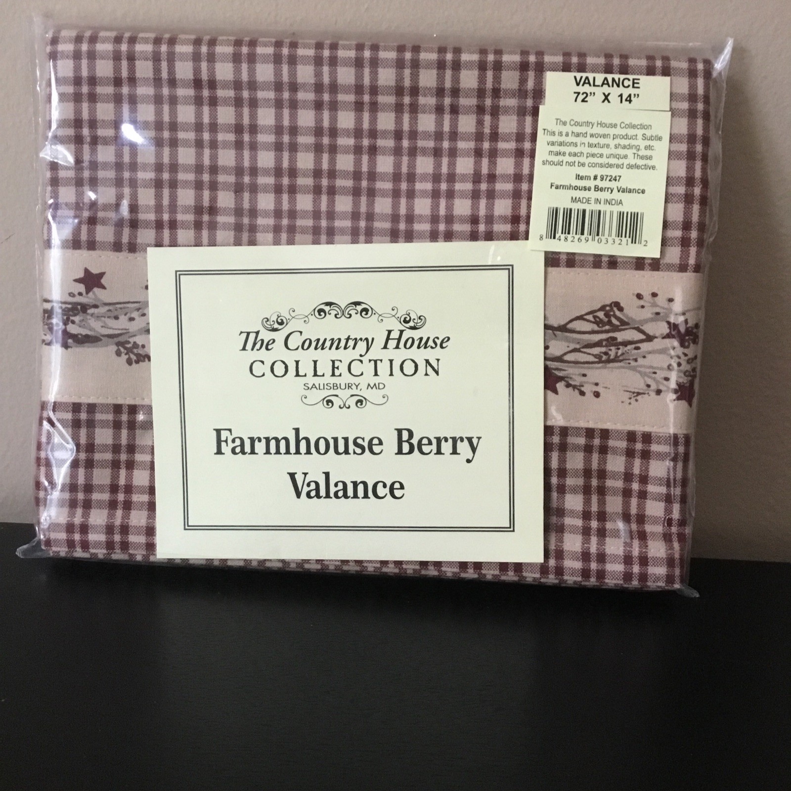 FARMHOUSE BERRY-BURGUNDY AND KHAKI GINGHAM CHECKED WINDOW VALANCE – NEW!