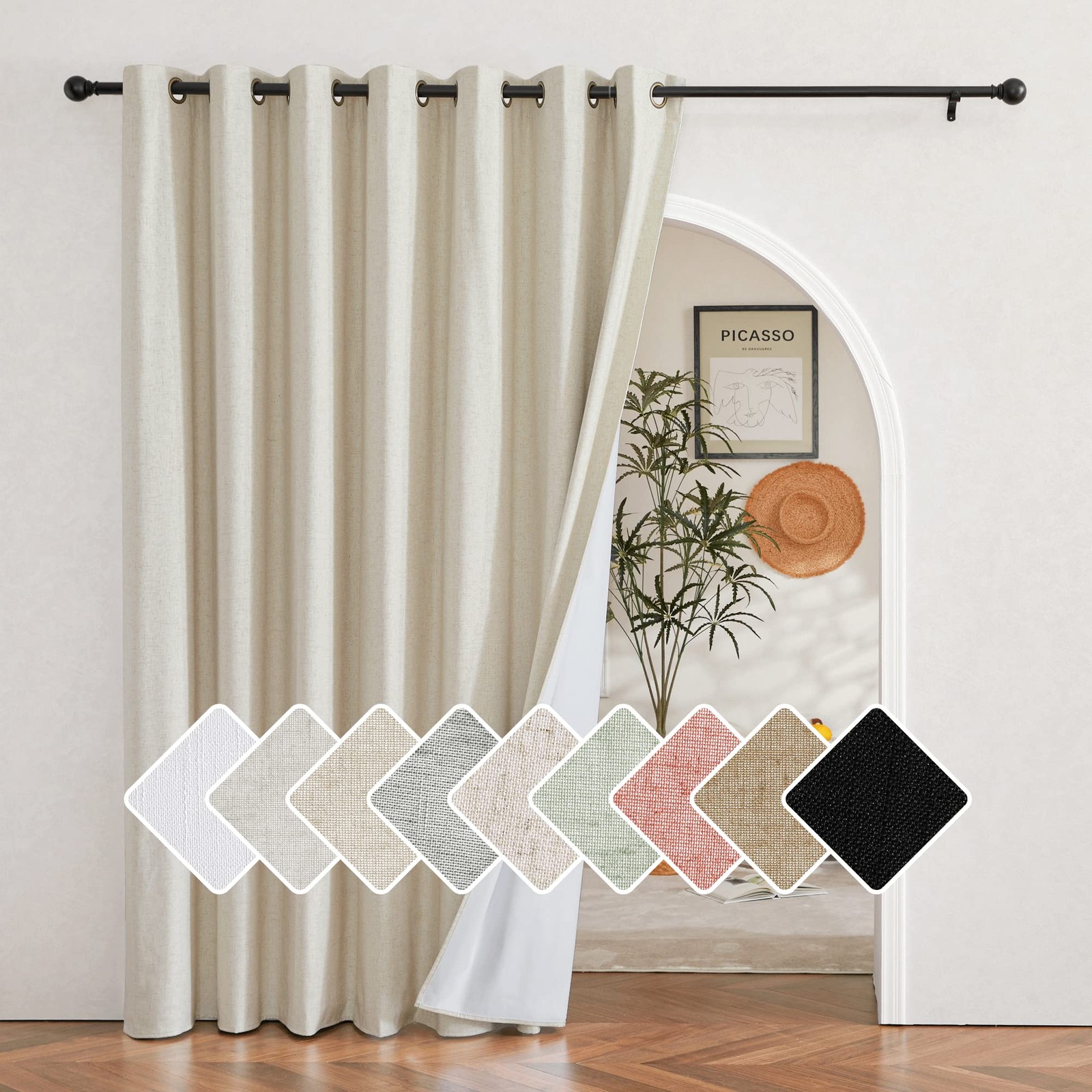 Natural 100% Blackout Linen Insulated Patio Curtain 95 inch Long Burg, Farmho…