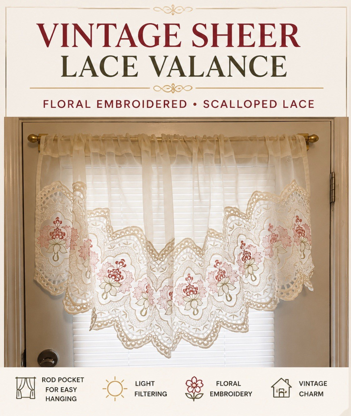 Vintage Sheer Lace Valance Floral Embroidered Scalloped Ivory 52×29
