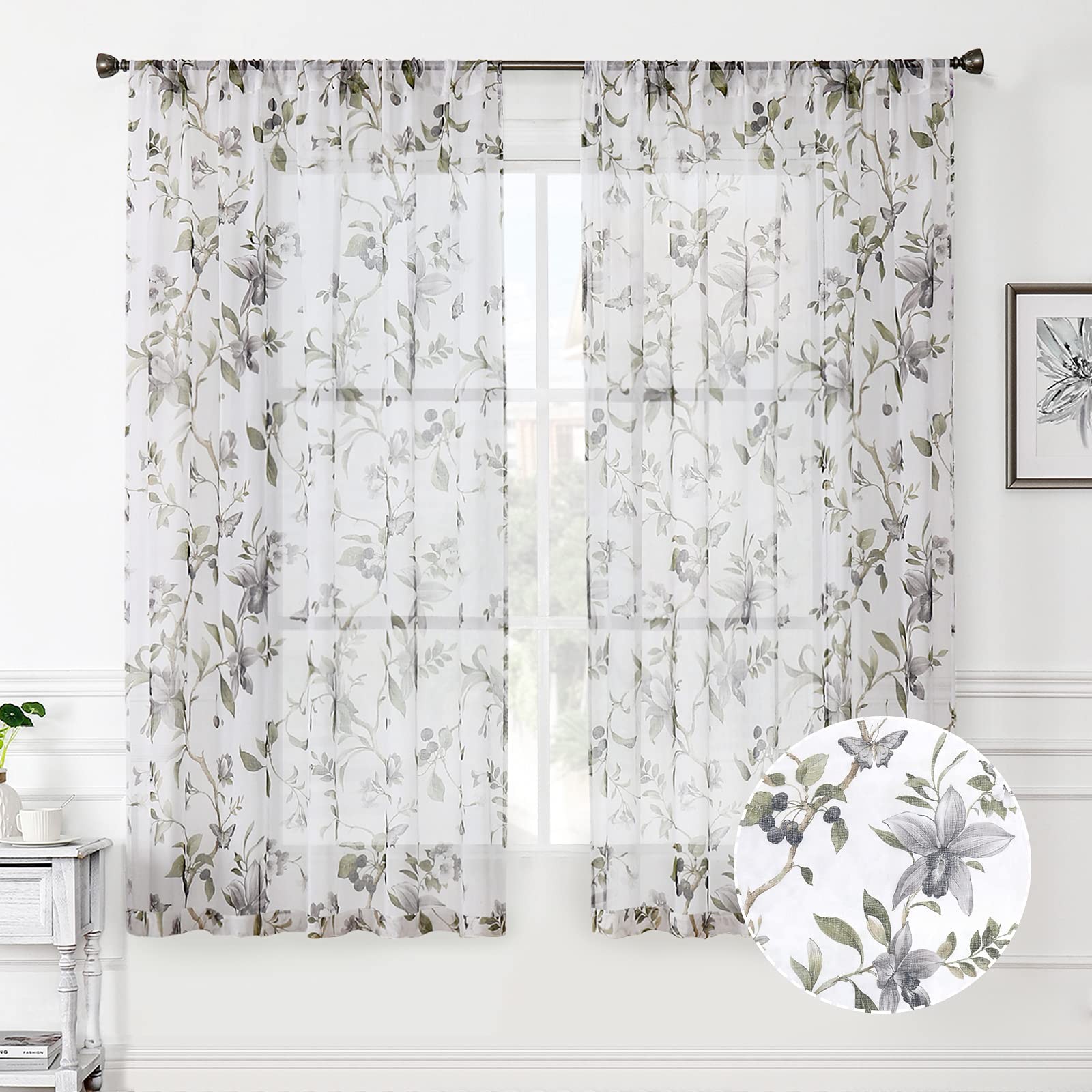 Floral Sheer Curtain Grey Cherry Flower Butterfly Print Living Room Curtains …