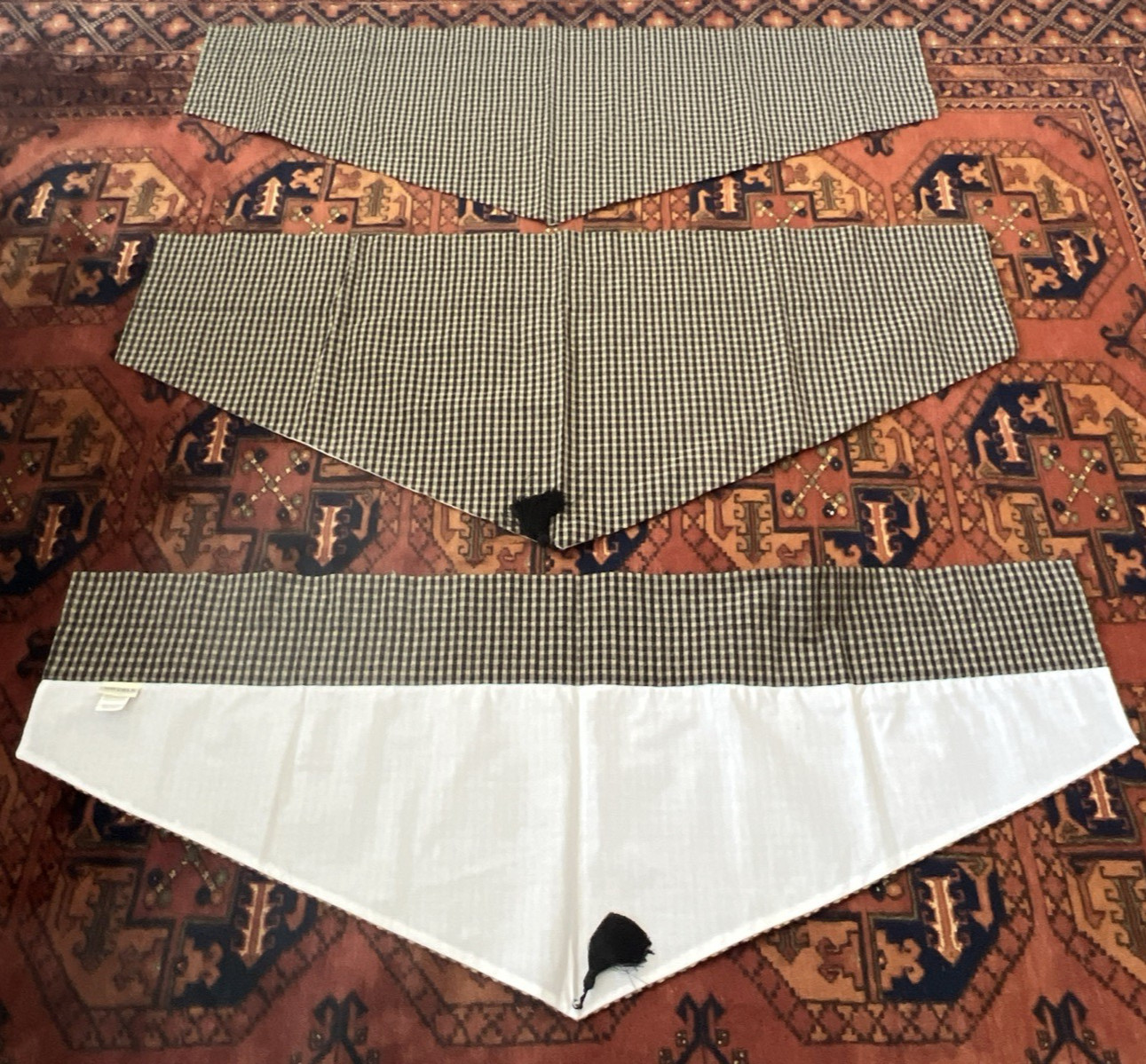 WAVERLY ~ Three Marquette Ascot Valances 50” X 20″ Black Tan Check w/Tassel