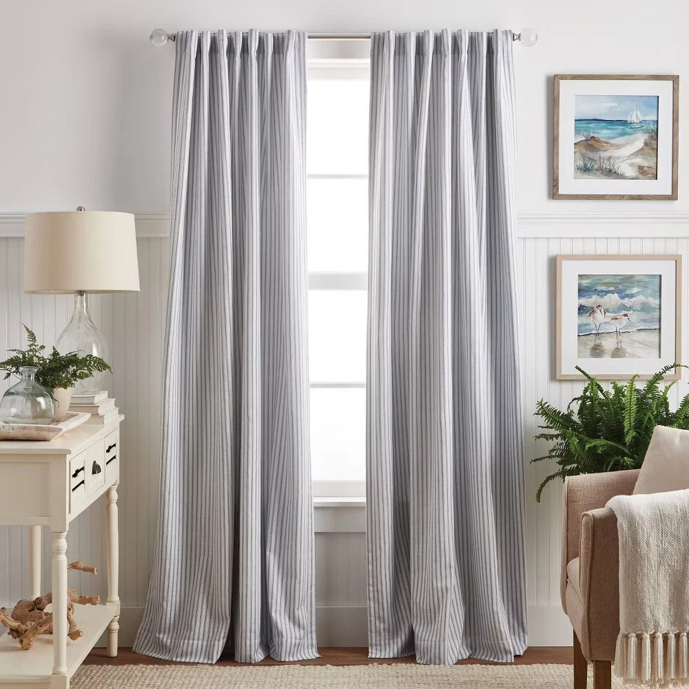 2x Martha Stewart 84″x50″ Ticking Striped White Indigo Lined Blackout Curtain