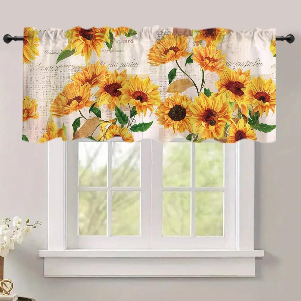 54×18 Inches Sunflower Newspaper Window Treatment Valance Retro Rustic Kitchen B