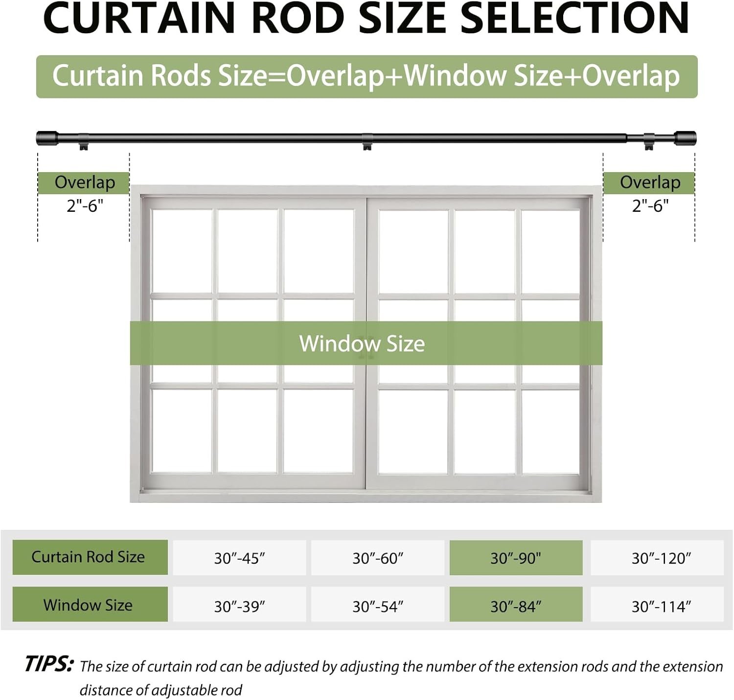 5/8” Diameter Curtain Rods 30-90 Inch, for 30-84 Inch Windows, Adjustable
