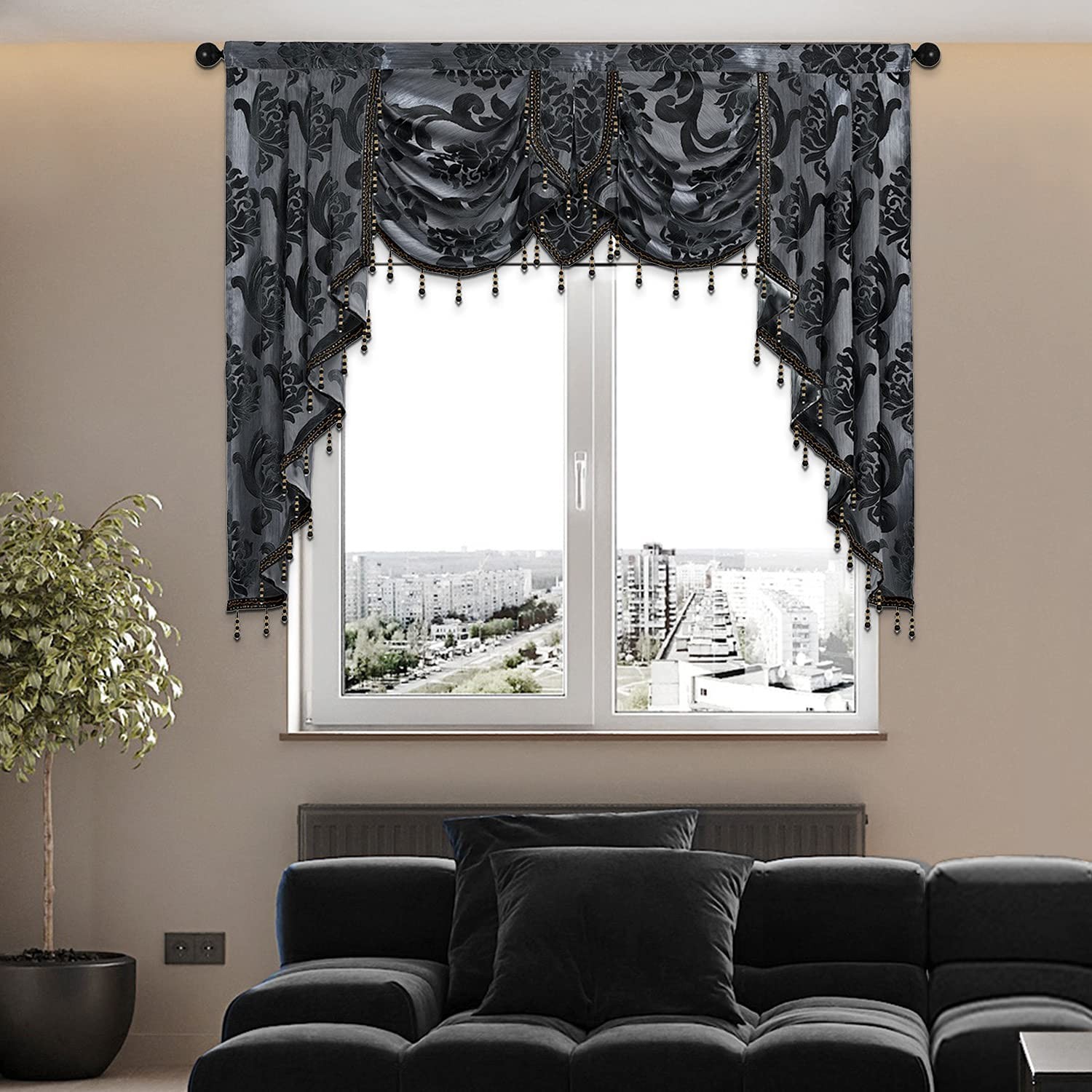 NAPEARL Halloween Black Waterfall Valance for Windows Luxury Gothic Valance C…