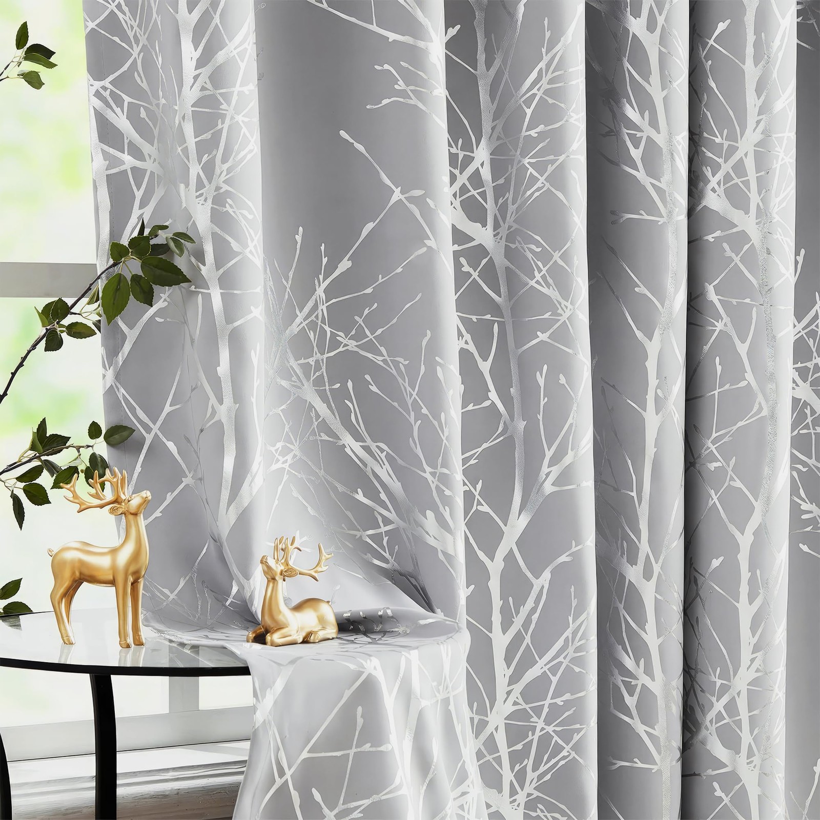 FMFUNCTEX Silver Tree Grey Blackout Curtains 63 inches for Bedroom Living Room M