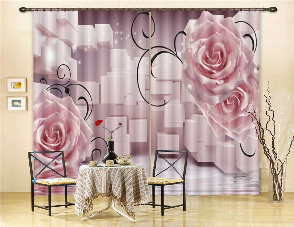 Pink Block And Flower 3D Curtain Blockout Photo Printing Curtains Drape Fabric