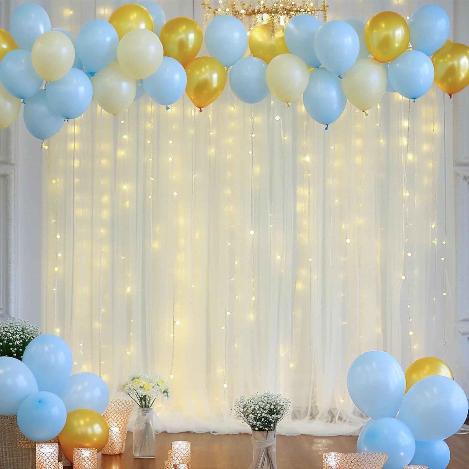 10x10ft Ivory Tulle Backdrop Curtain with Warm LED Lights Wedding Party Decor
