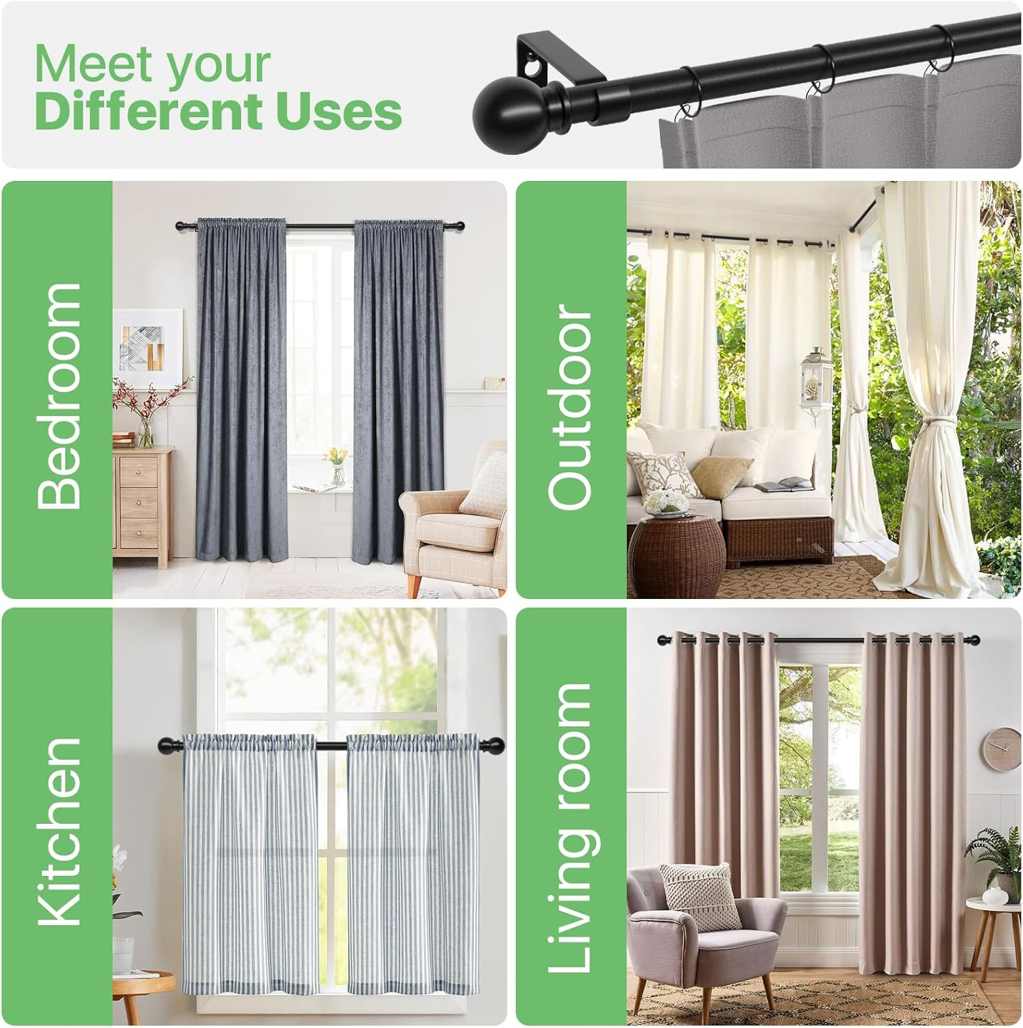 Curtain Rods for Windows 28 to 48 Inch, 5/8 Inch Black Curtain Rod Set with Brac