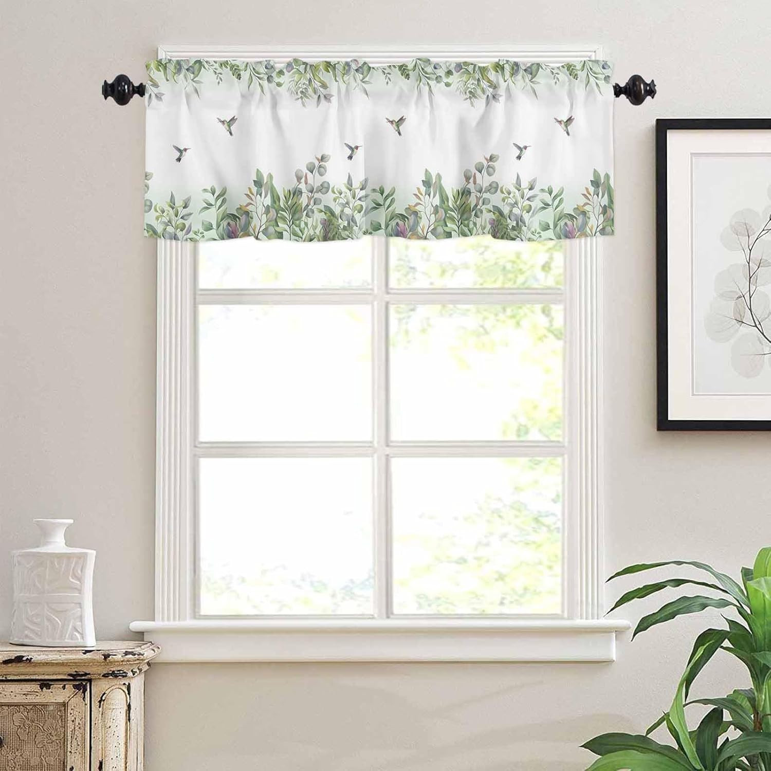 Valances for Windows, Plants Leaves Green Hummingbird Watercolor Style Kitchen W