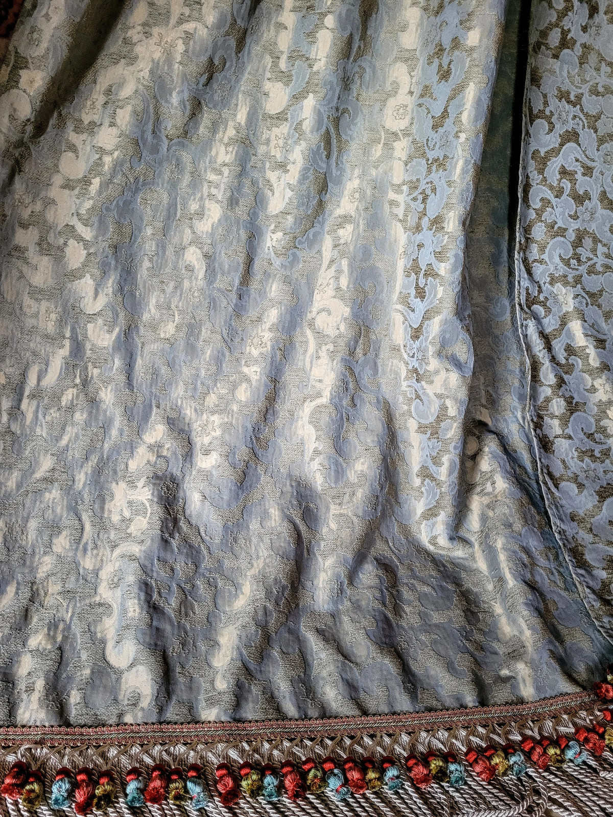 Brocade Curtain Pair: Blue Gold Iridescent Heavy Cotton with Tassel Trim, Each