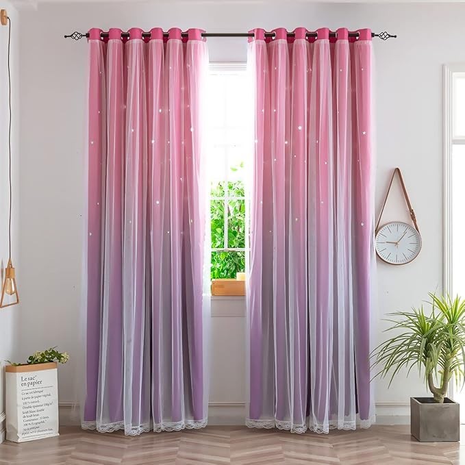 Cortinas 2 capas ninas oscurecimiento 63 pulgadas argollas rosa purpura