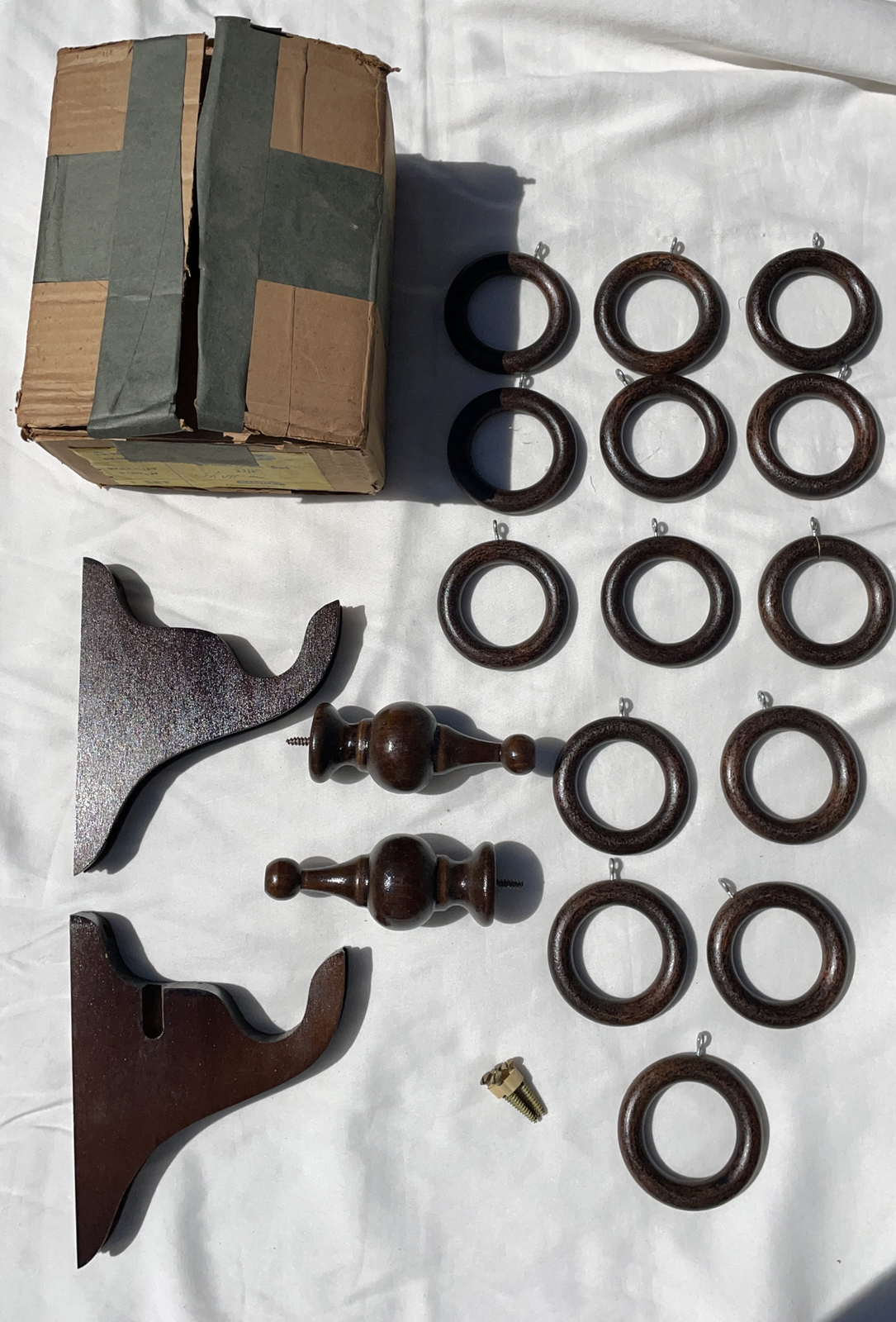 Vintage Stanley Wood Pole Set Decorative Curtain Rod Brackets Finials Rings 3”