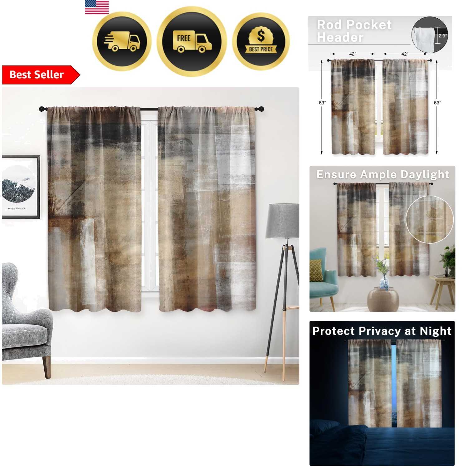 Kitchen Curtains Grey Brown 42×63 Inch Set of 2 Blackout Window Drapes