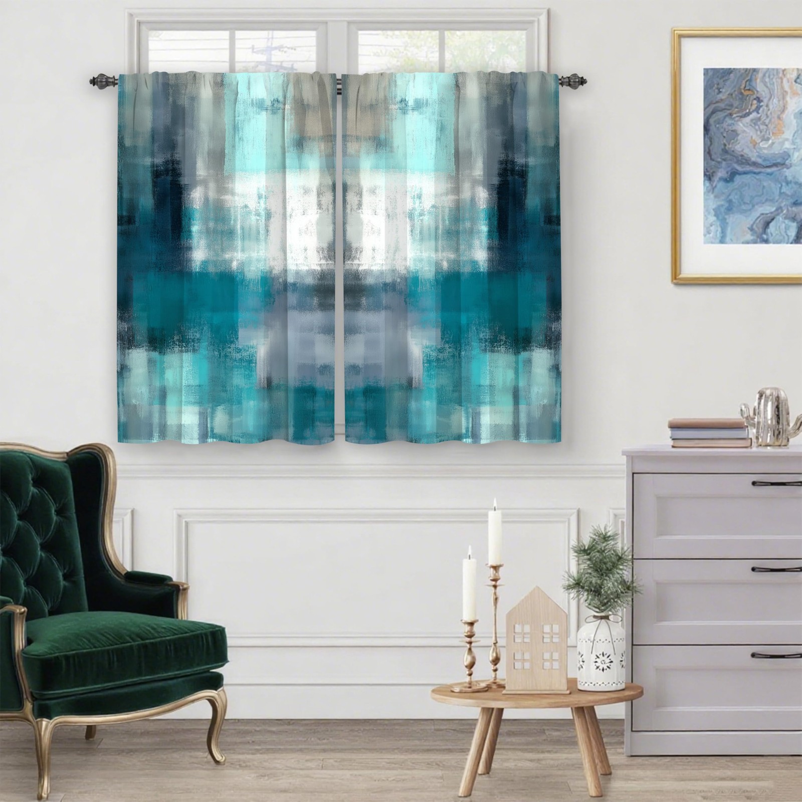 Teal Abstract Grey Kitchen Curtains Cafe Curtains for Bathroom Dining Room Li…