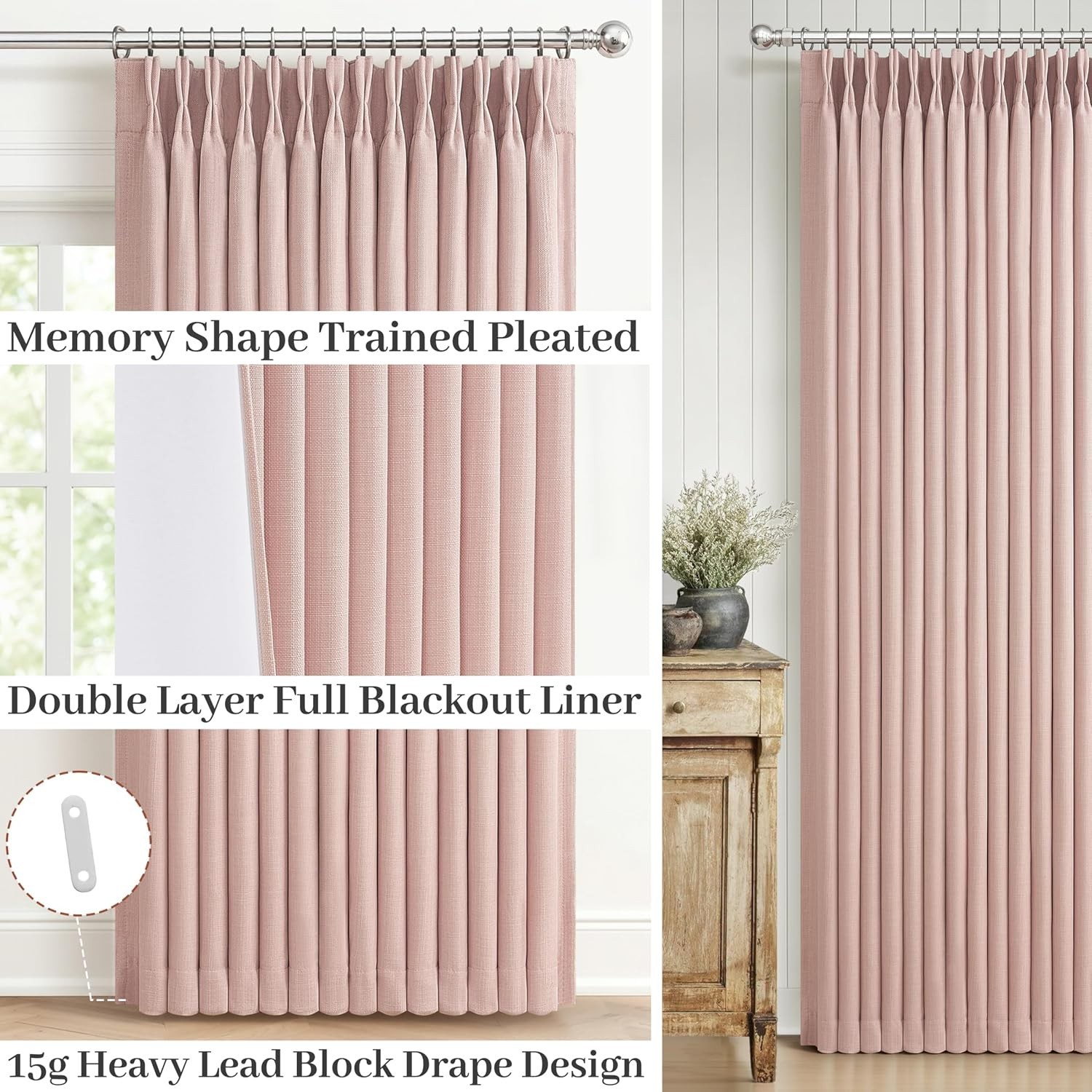Blackout Baby Pink Memory Trained Pinch Pleated Bedroom Curtains 96 Inches Long