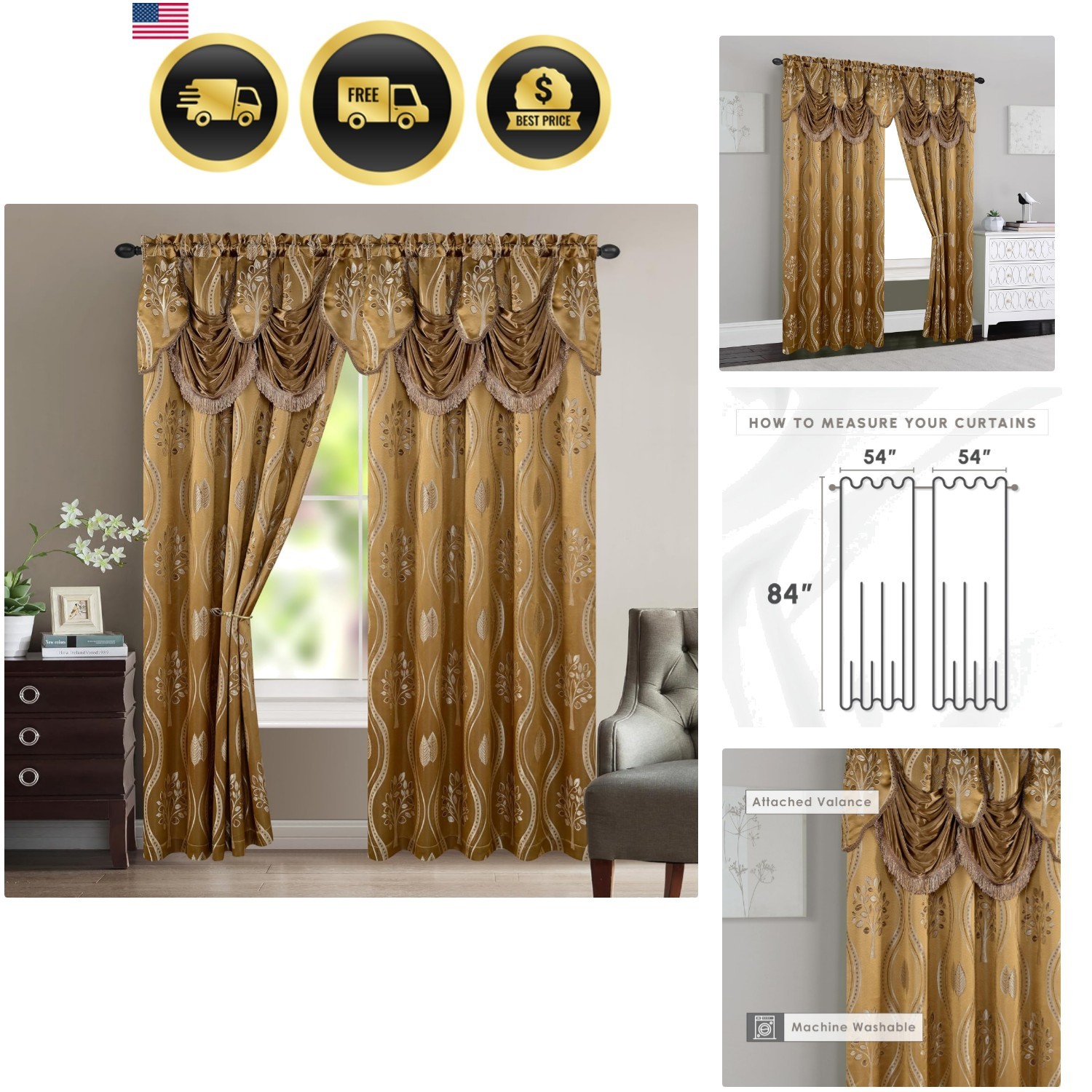 Aurora Jacquard Look Curtain Panel Set with Attached Valance 54″ X 84 inch Se…