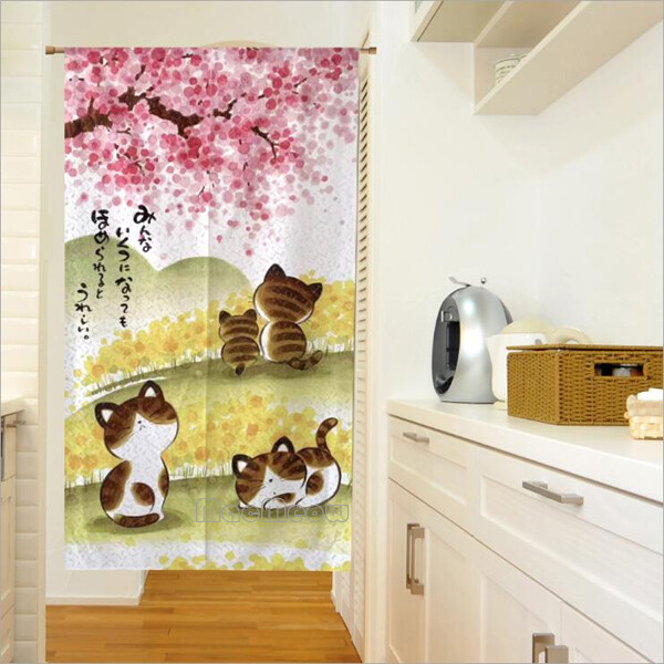 Japanese Doorway Divider Noren Door Curtain Sakura Cherry Blossom Cat 85 x 150cm