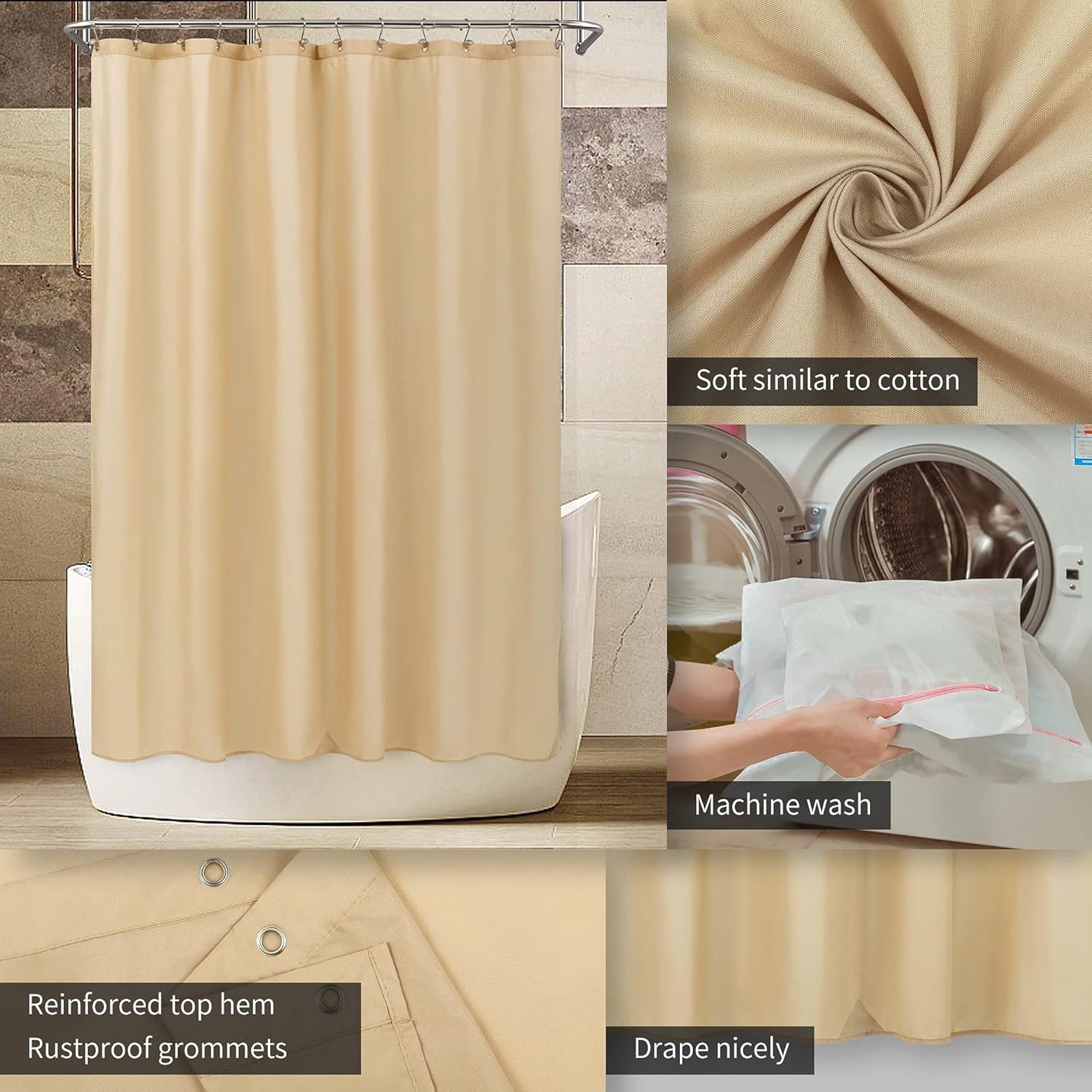 ALYVIA SPRING Long Fabric Shower Curtain Liner 72″W x 74″L (Pack of 1), Khaki