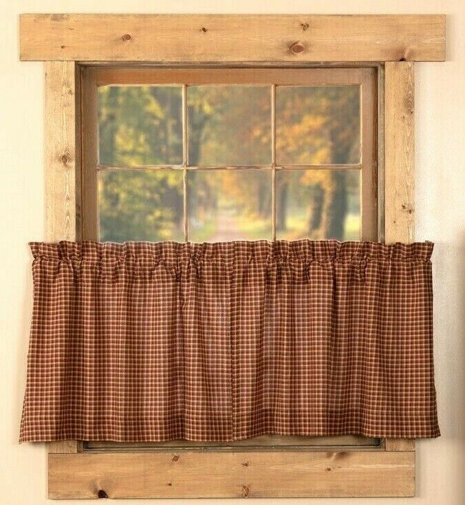 Red & Tan Plaid Cafe Curtains Lined Window Tier Set 24″ Long Patriotic Patch