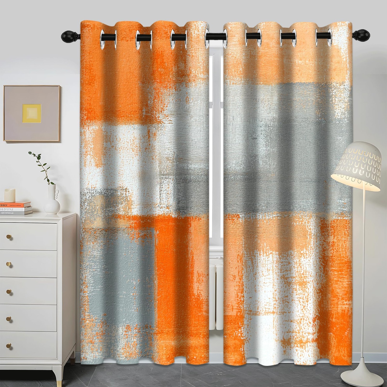 Abstract Orange Grey Blackout Curtains, Beige Aesthetic Art Painting Window D…