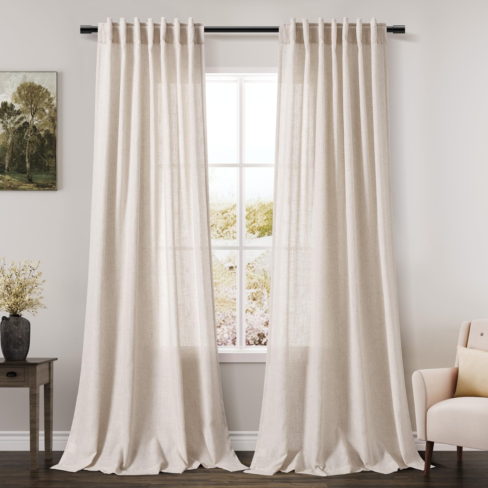 Beige Flax Linen Curtains 84 inches Long for Living Room 2 Panel Tan Burlap Text