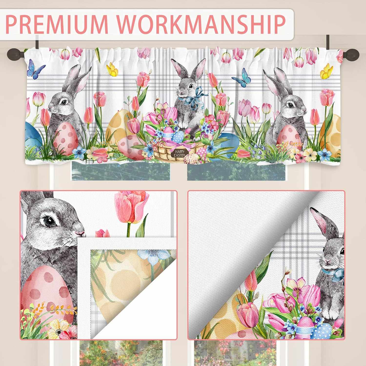 Easter Valance Curtain for Kitchen 18″X54″ Easter Decoration for Home, Buny Pink