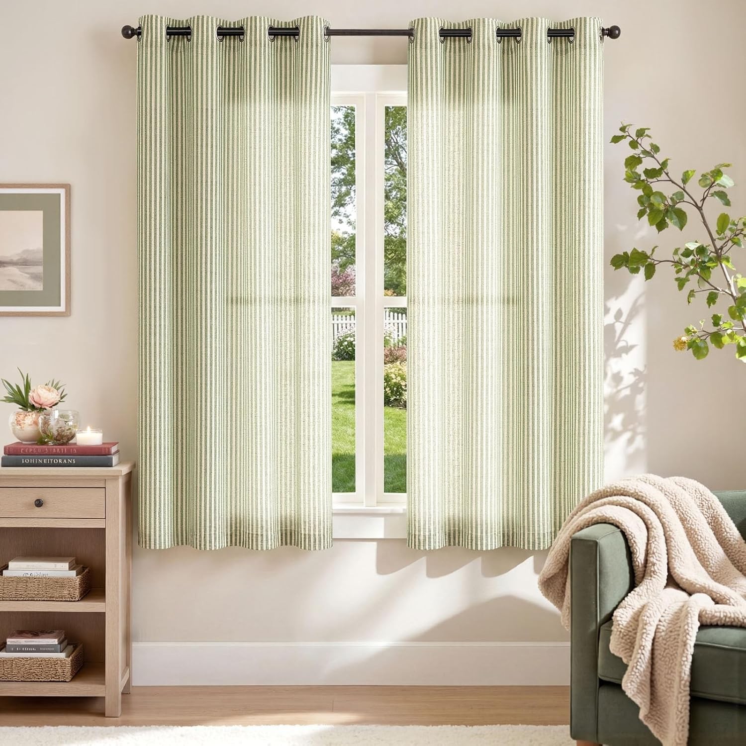 Sage Green Striped Linen Curtains Bedroom 2 Panels Light Filtering grommets 63